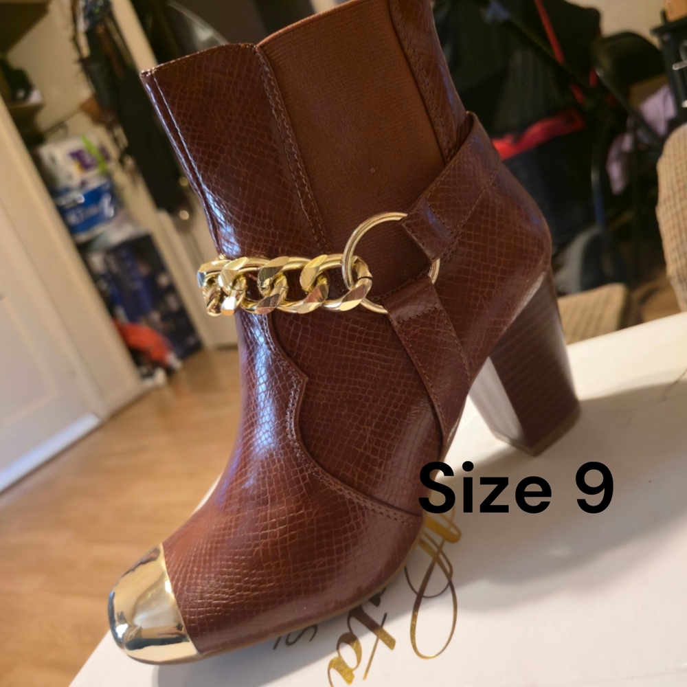 Brown Leather Ankle Boots with Gold Chain Accent
